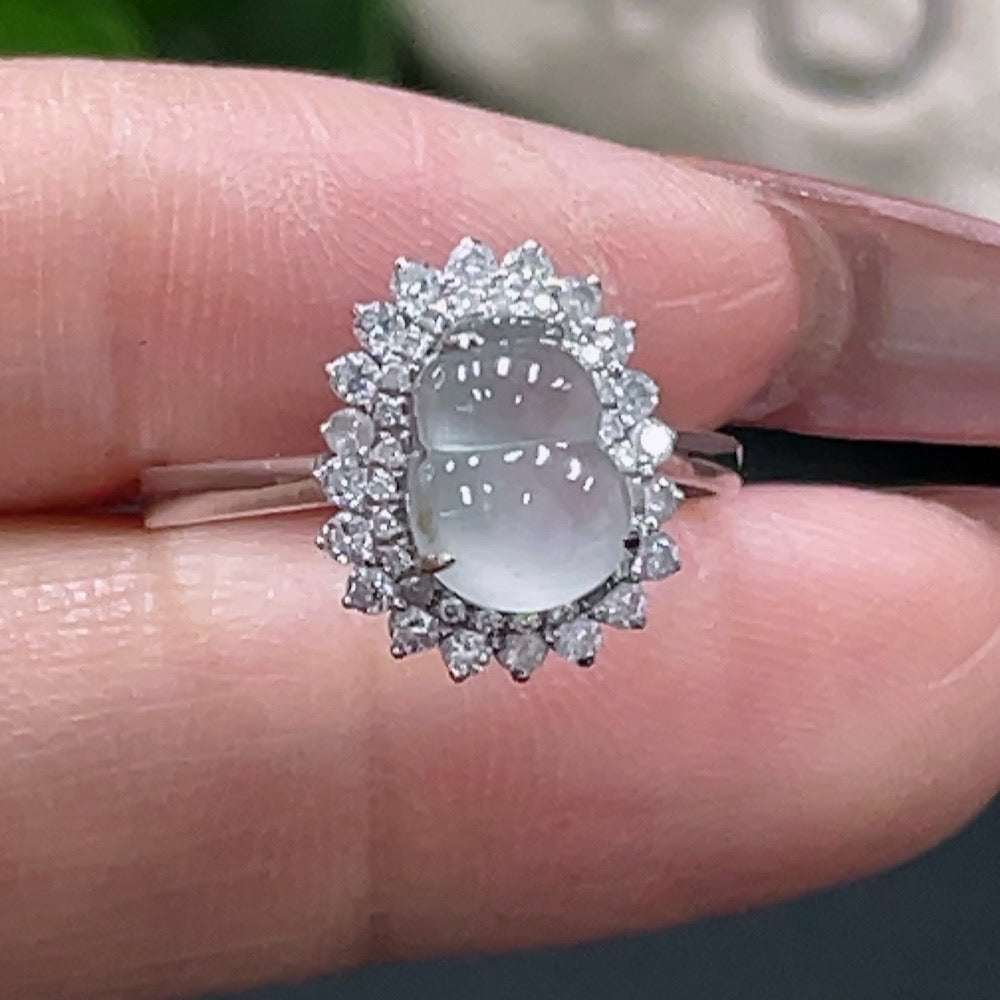Jadeite Gourd Inlaid Ring 18K Gold Size 15 Total Weight Approx. 1.79g With Diamond Accents