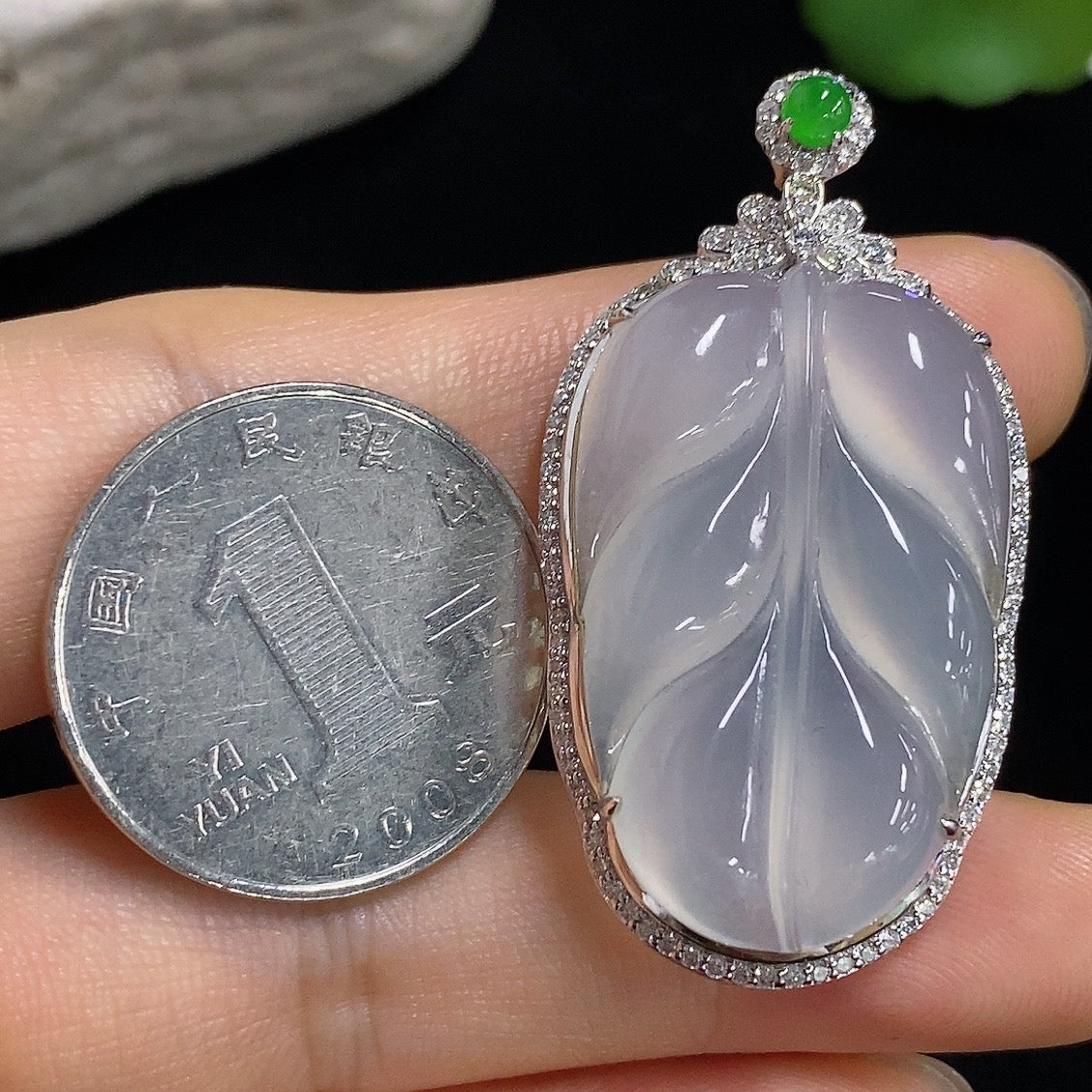 Jadeite Leaf Inlaid Pendant with 18K Gold and Diamond Accents