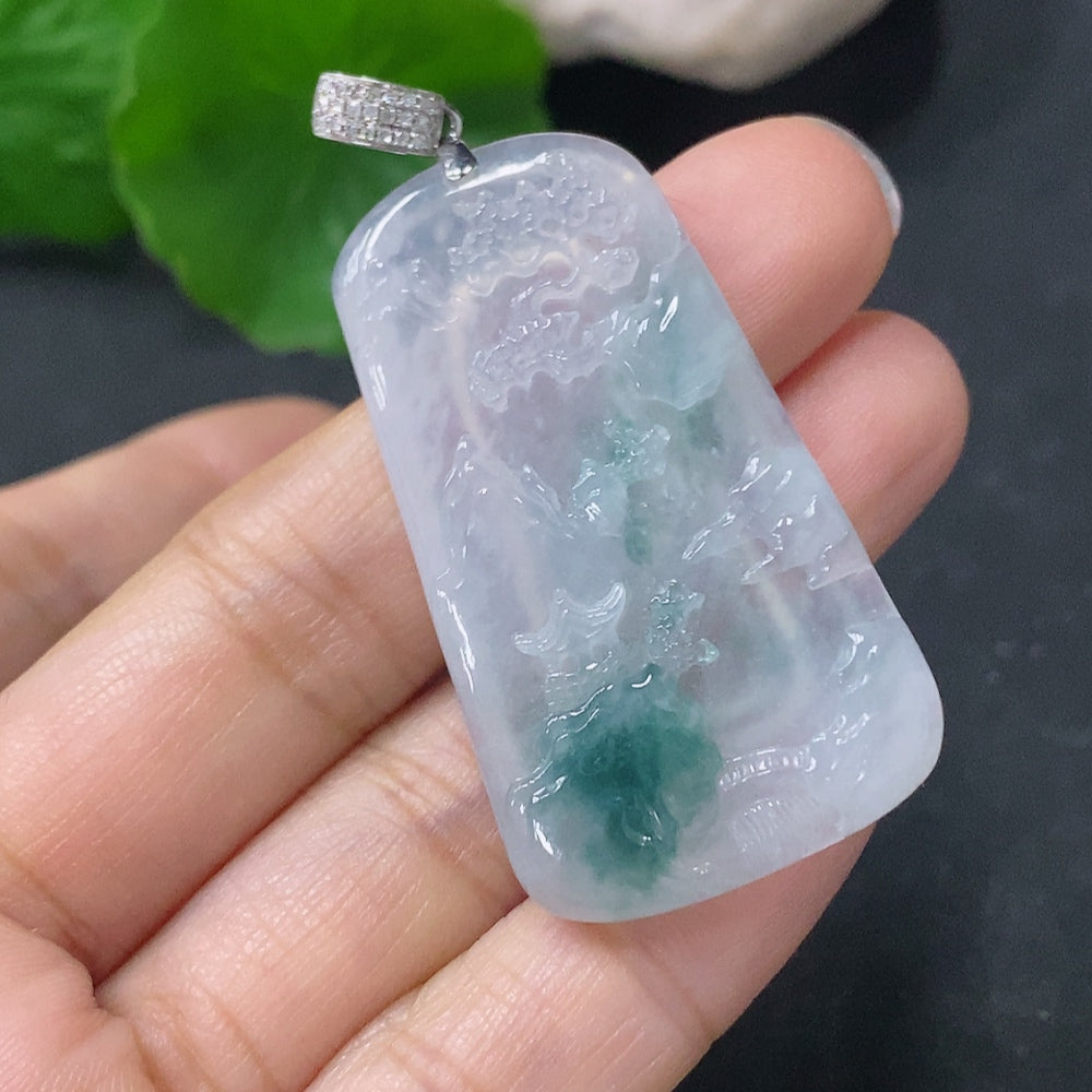Jadeite Pendant Landscape Plaque with 18K Gold and Diamond Accents, Total Weight Approximately 12.97g