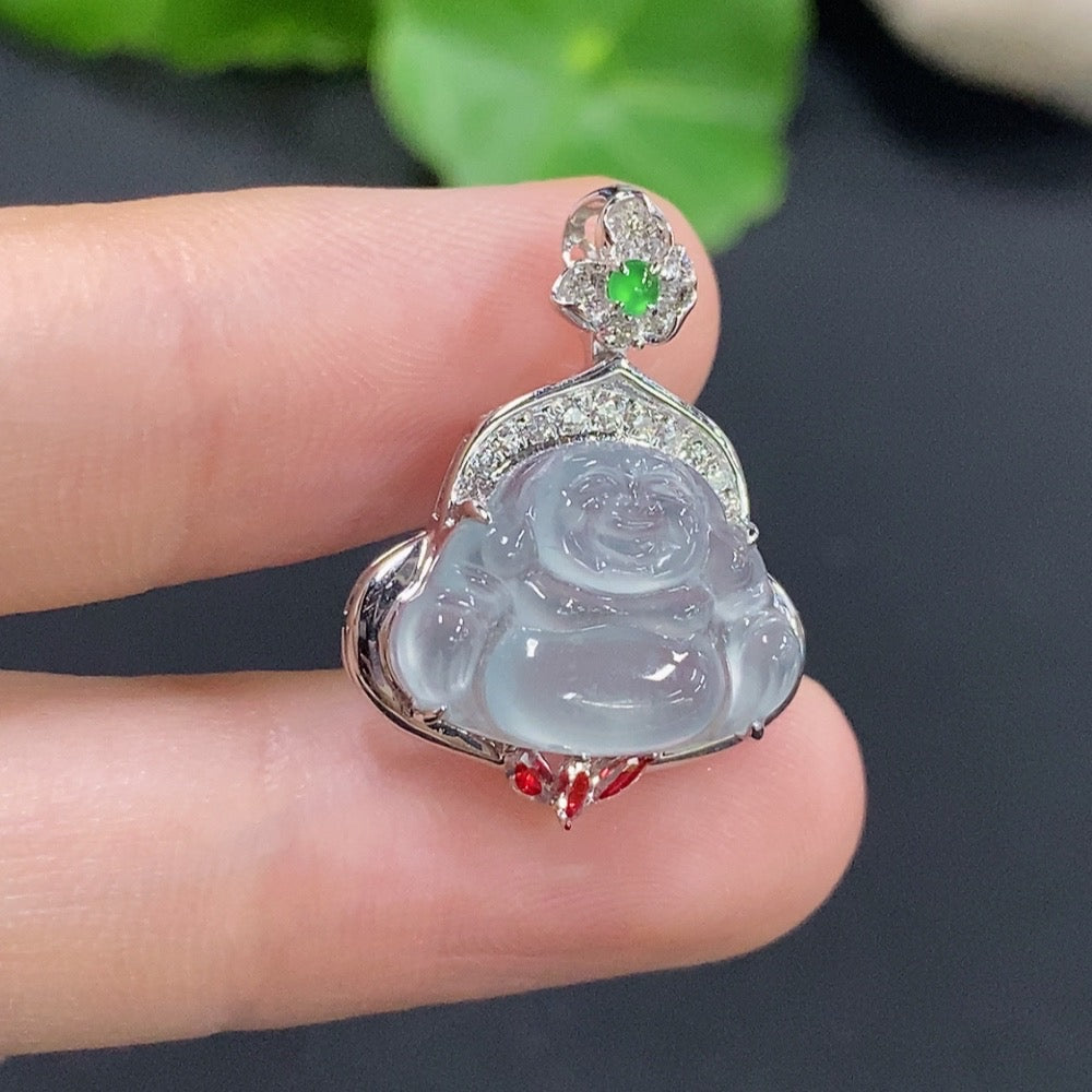 Jadeite Buddha Pendant with 18k Gold Setting, 3 Non-Diamond Accents