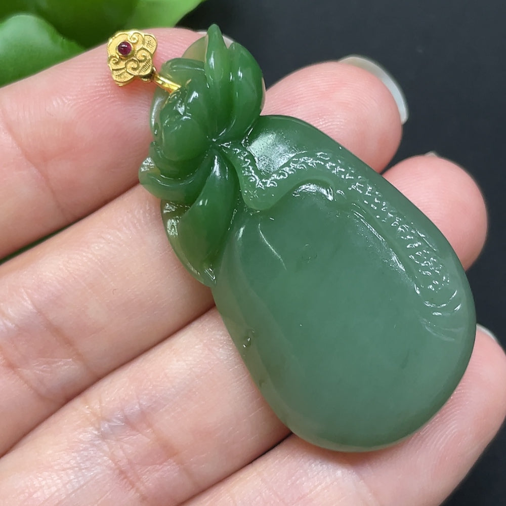 Hetian Jade Flower and Prosperity Pendant 18k Gold Total Weight Approx. 15.9g