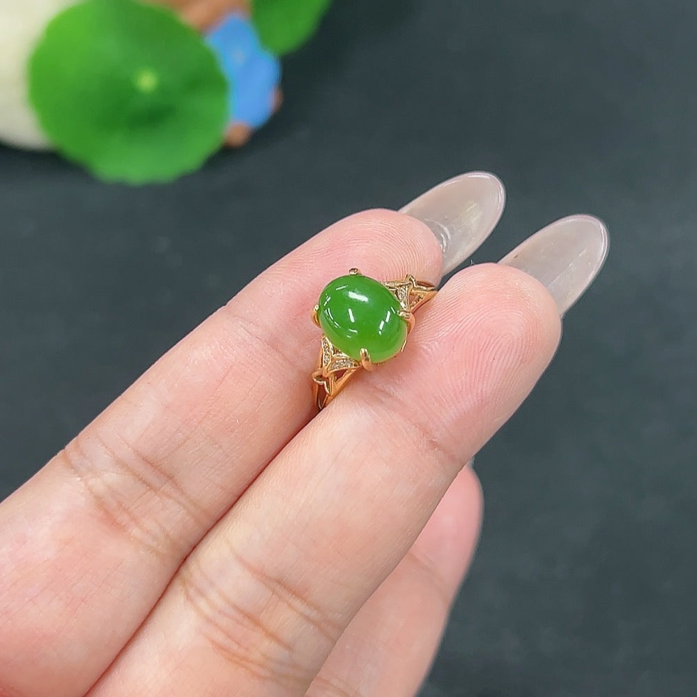 Hetian Jade Jasper Inlaid Ring Size 15.5 Total Weight Approx. 2.4g No Mark Gold Content Tested 18k Diamond Accents