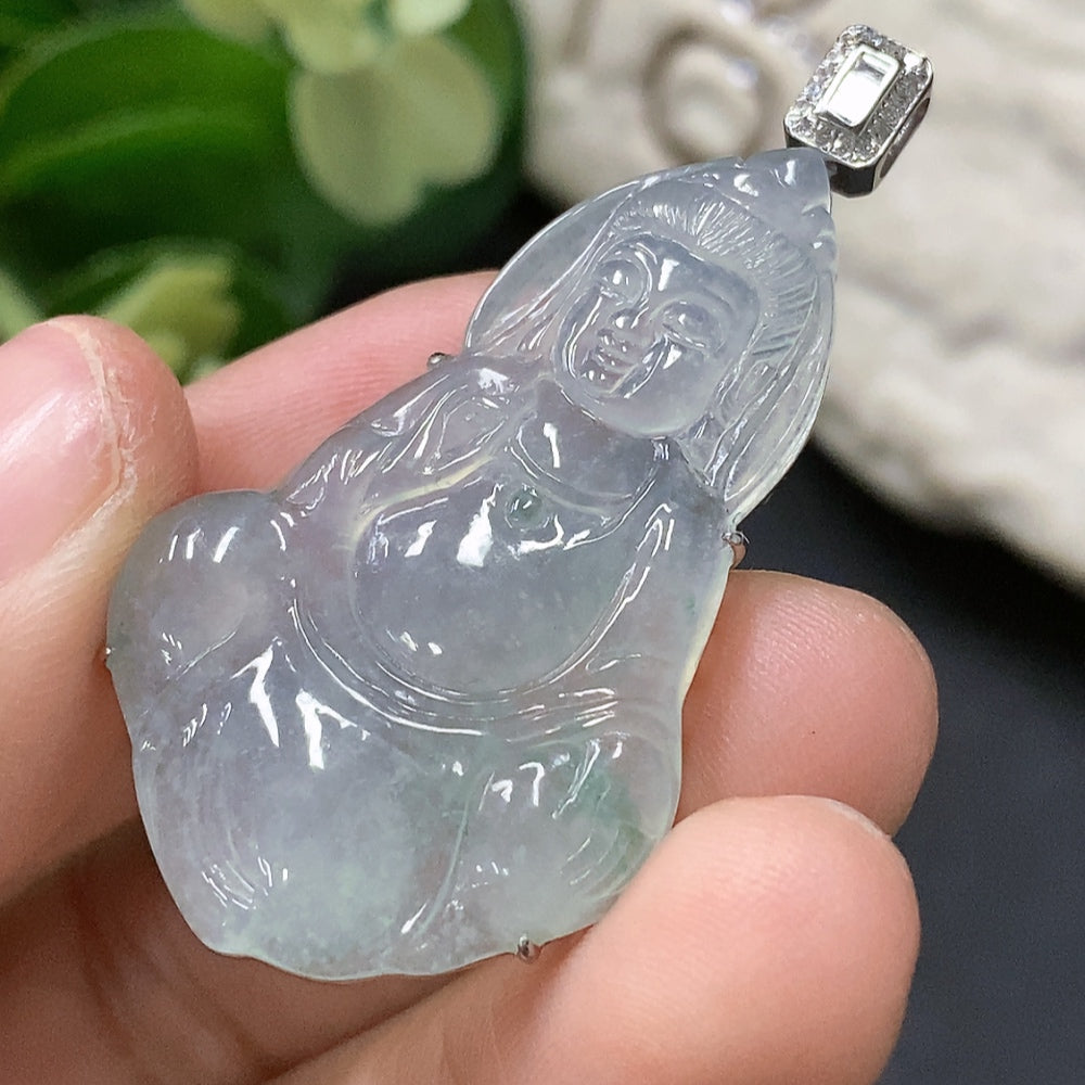 Baby Guanyin Jadeite Pendant with 18K Gold Inlay, Approx. 6.4g