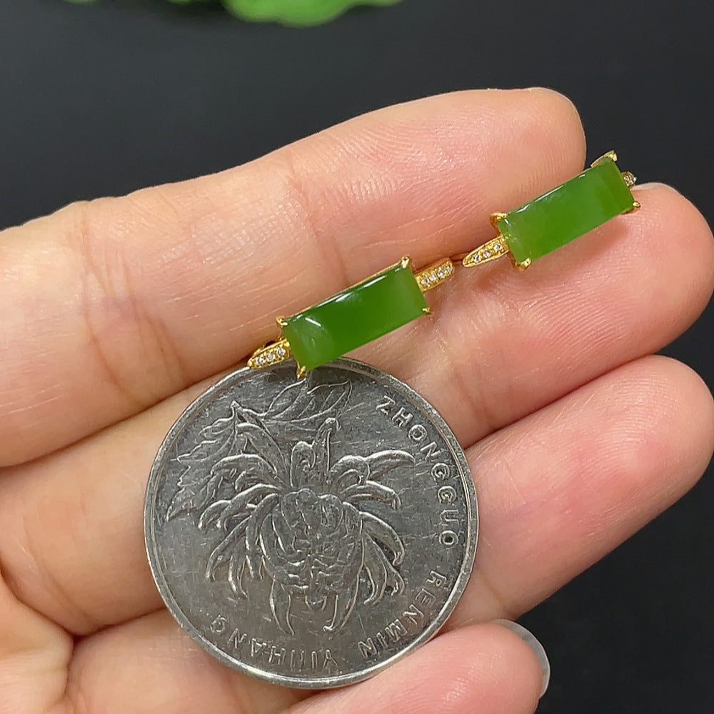 Hetian Jade Jasper Inlaid Earrings, 18K Gold, Accented with Diamonds