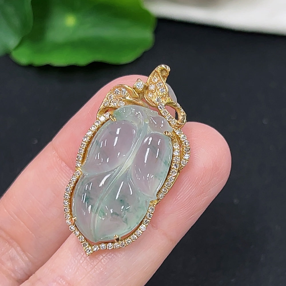 Jadeite leaf inlay pendant with diamond accents, 18K gold from HKHQ, featuring a detailed jade jade leaf design.