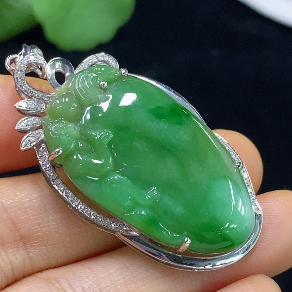 Jadeite Blessing Melon Pendant with 18K Gold and Diamond Accents