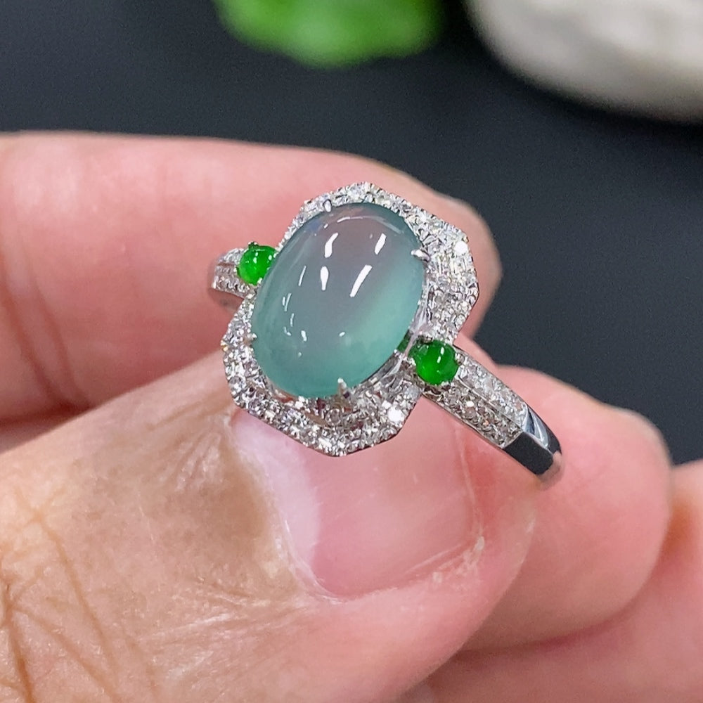 Jadeite Cabochon Ring with 18K Gold and Diamond Accents, Size 14, Total Weight Approx. 1.79g