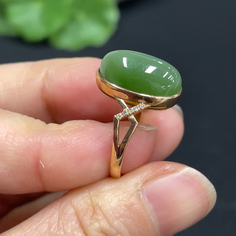 Hetian Jade Jasper Inlaid Ring, 18k Gold, Size 11, Total Weight Approx. 3.2g, Diamond Accents