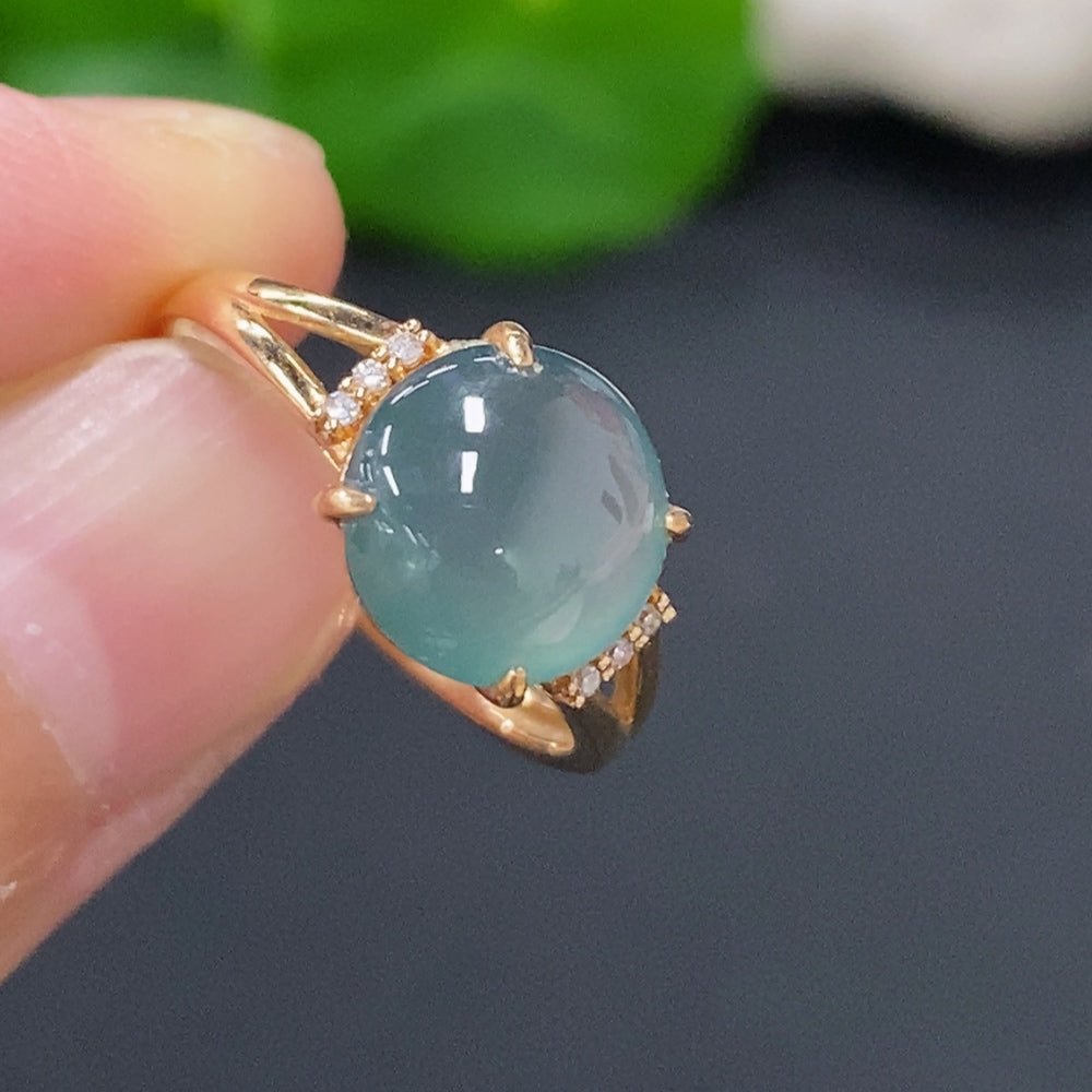 Jadeite Cabochon Ring 18K Gold Size 13 Total Weight Approx. 2.4g (With Diamond Accents)