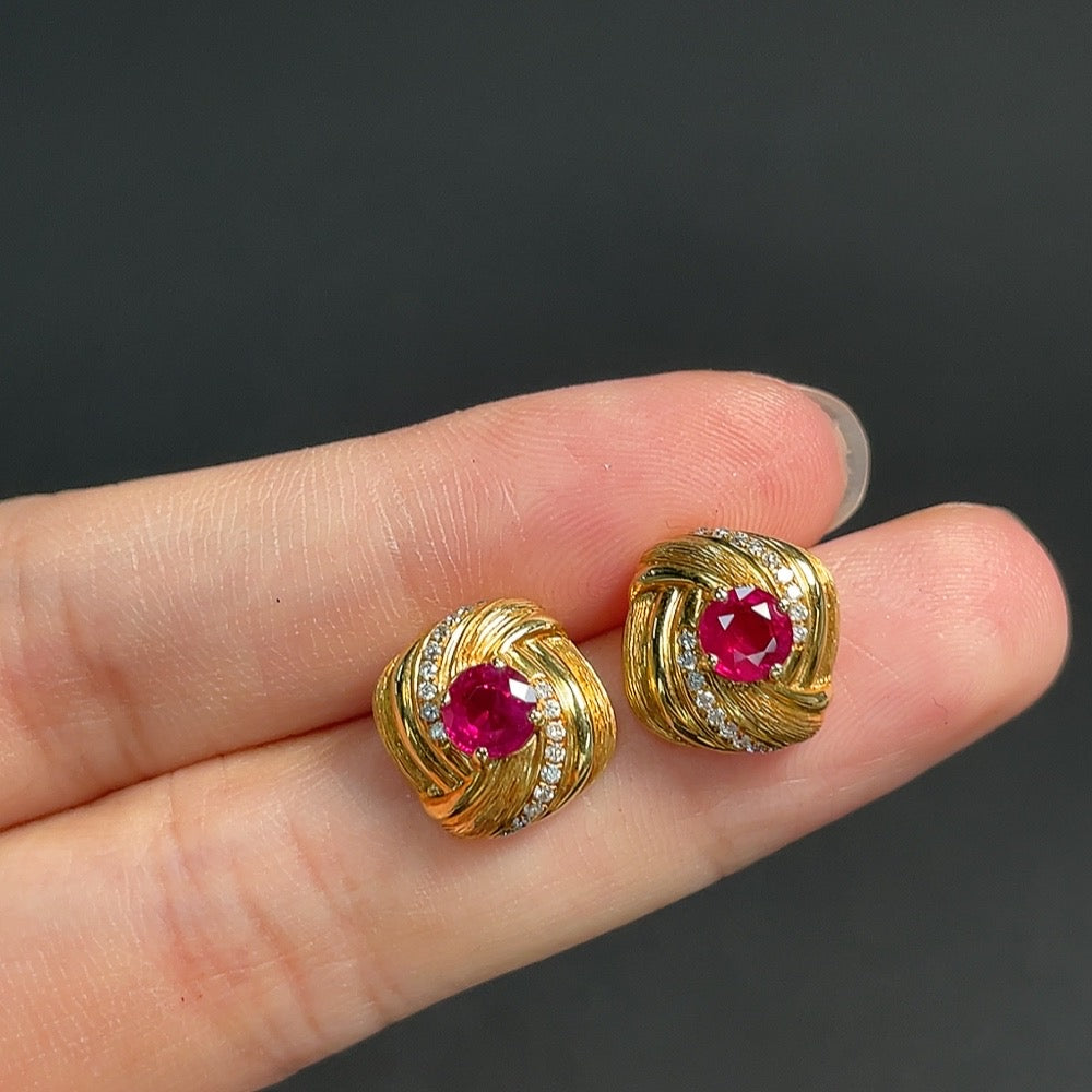 Ruby Stud Earrings, 18K Gold, Total Weight Approx. 4.30g, Filled, Accented with Diamonds