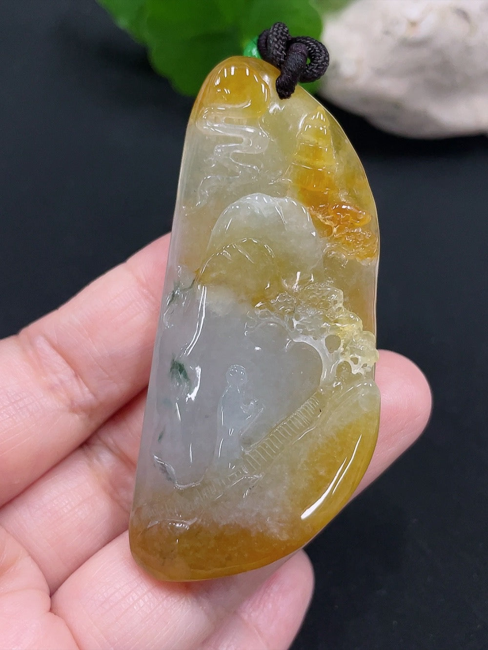 Jadeite landscape plaque pendant, total weight approx. 34.4g (including cord weight) (color origin undetermined)