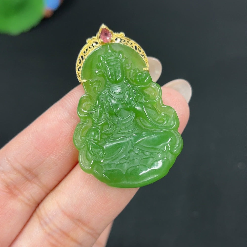 Hetian jade jasper Inlaid Guanyin pendant with 18k gold, weighing approximately 8g, featuring detailed carved Buddhist figure.