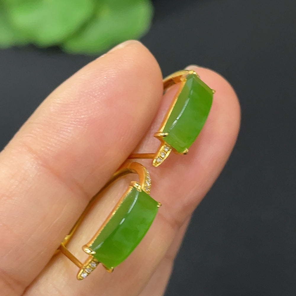 Hetian Jade Jasper Inlaid Earrings, 18K Gold, Accented with Diamonds