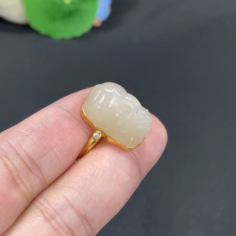 Hetian Jade Inlaid Auspicious Beast Ring Size 15 Total Weight Approx. 6g 18k Non-Diamond