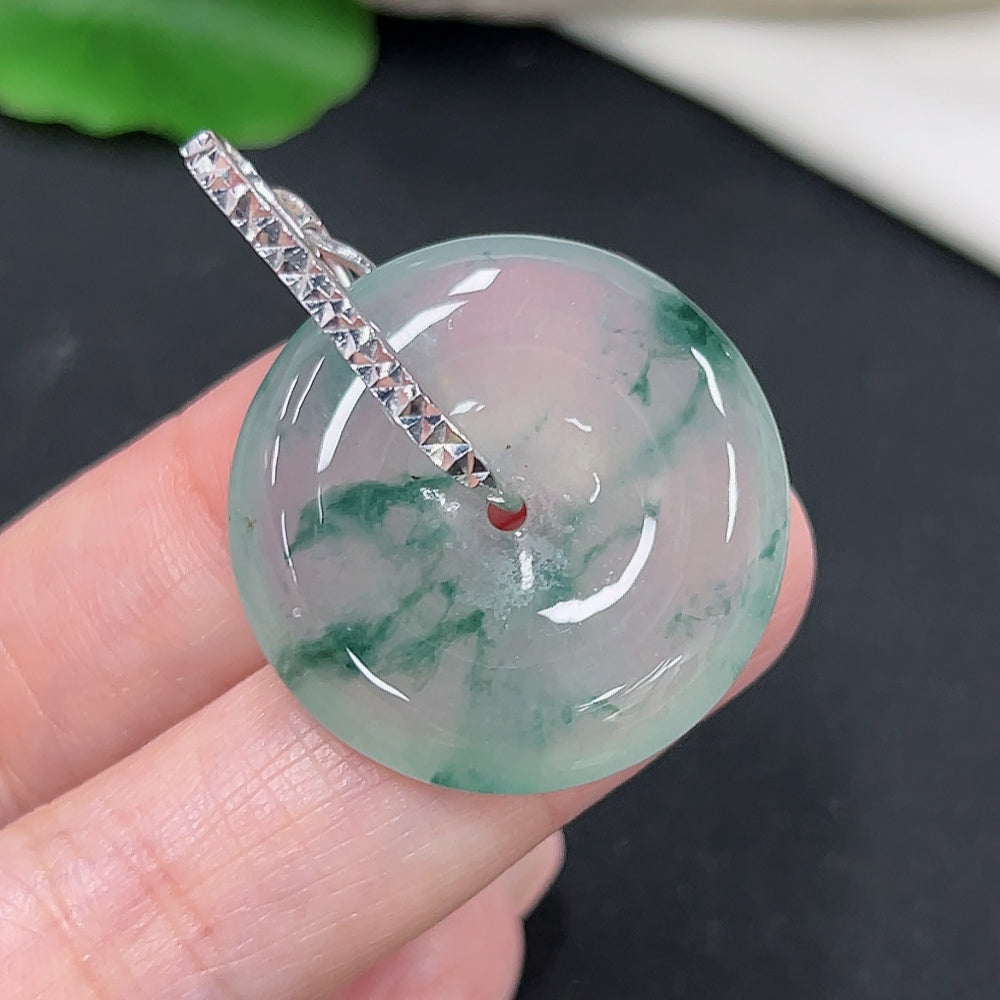 Jadeite safety buckle pendant in jade with non-gold inlay, weighing approximately 9.3 grams, featuring a detailed carved design.