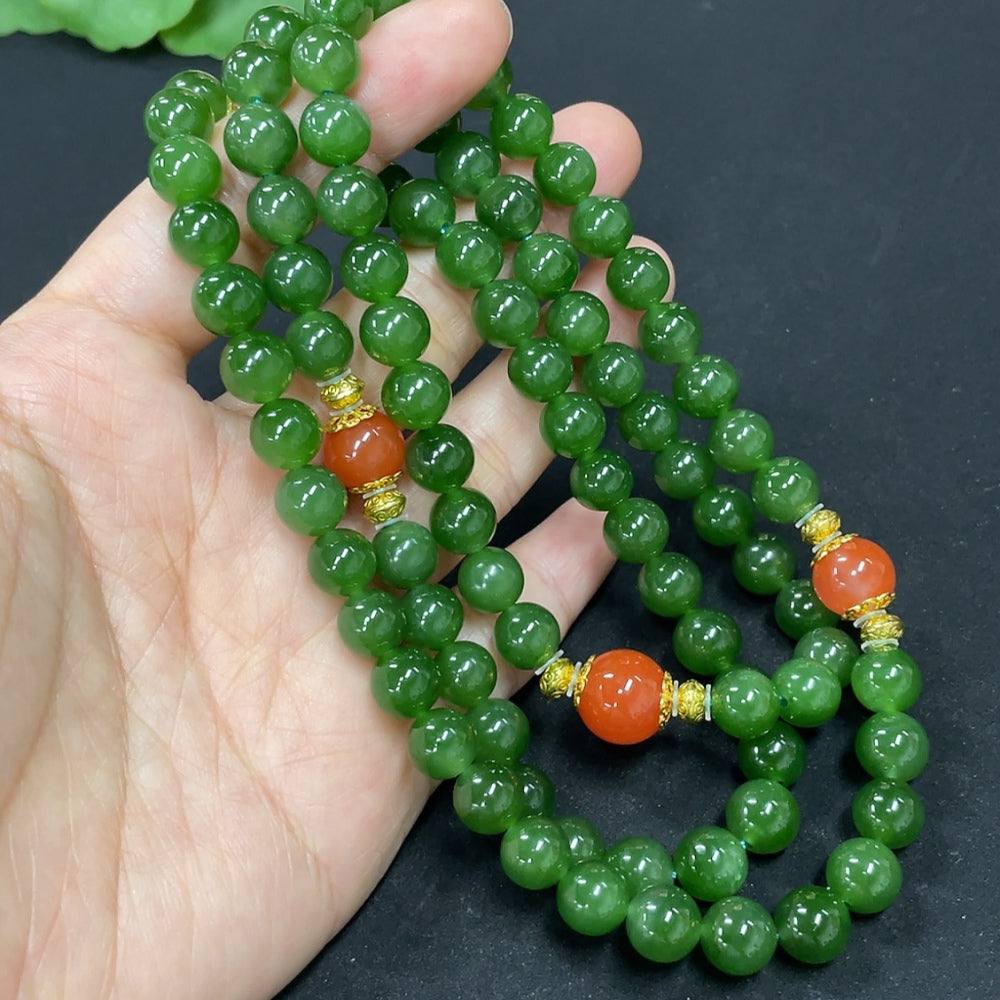 Green Hetian Jade Bead Necklace, Non-Gold, With Southern Red Agate