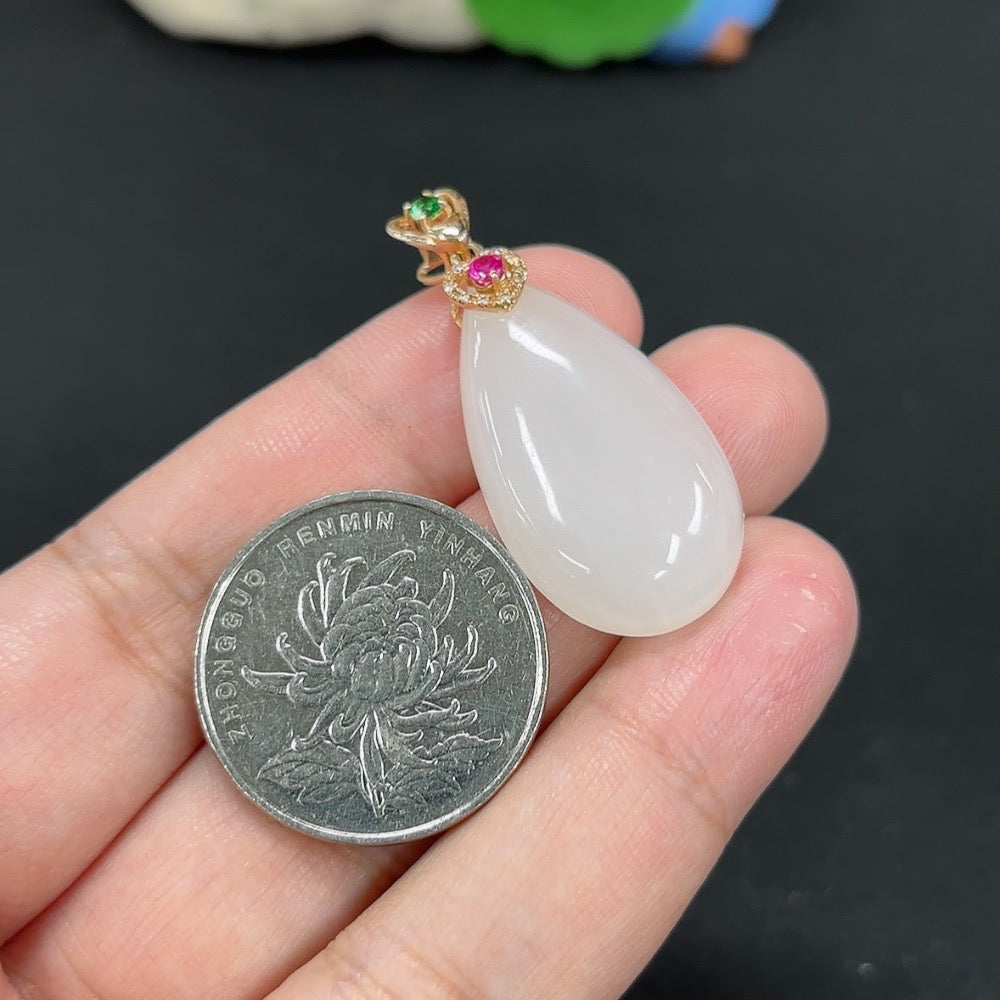 Hetian Jade Inlaid Pendant, Water Drop, 18K, Diamond Accents