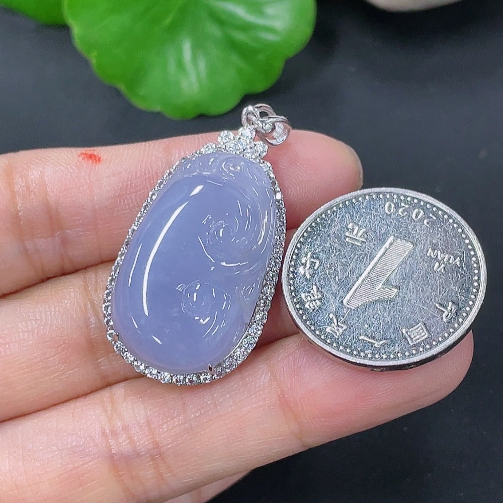 Jadeite inlaid Ruyi pendant with intricate design, non-gold, from HKHQ, showcasing smooth green jade and detailed craftsmanship.