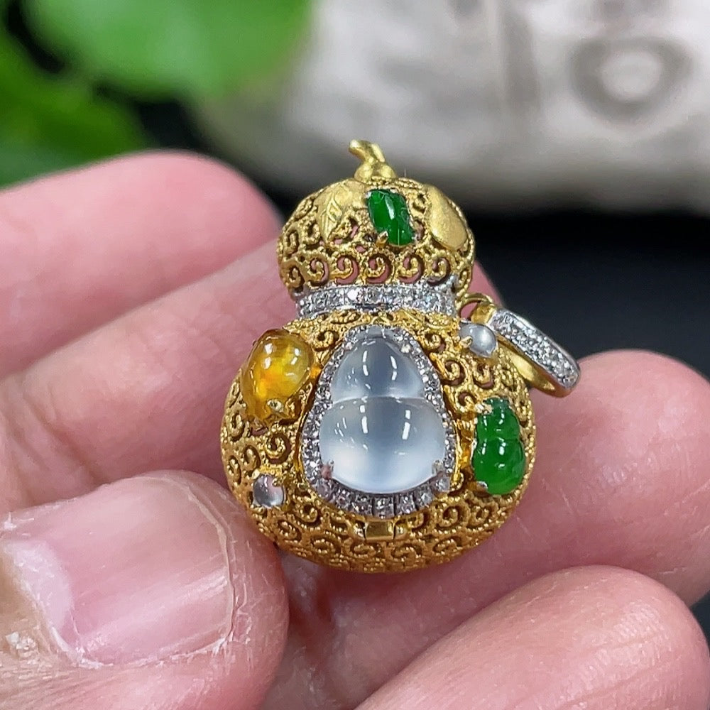 Jadeite Gourd Pendant with 18K Gold and Diamond Accents