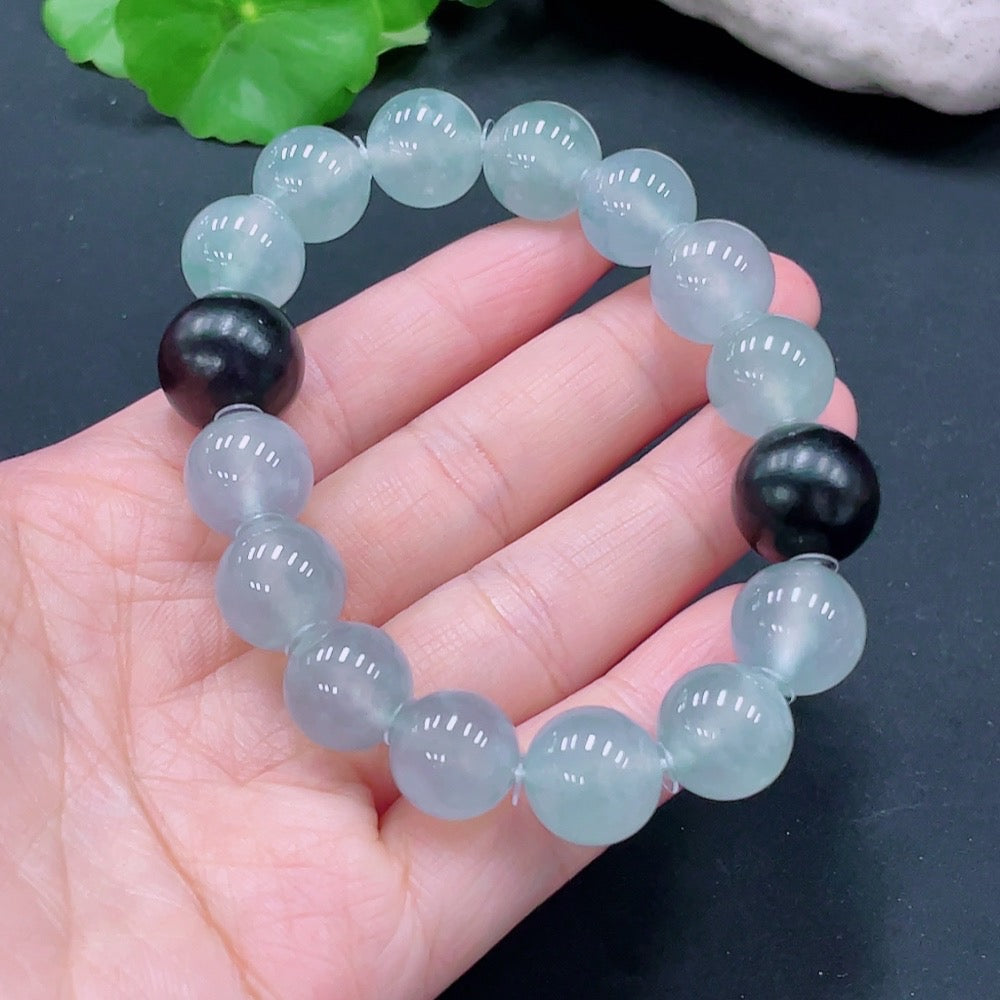 JadeiteBracelet, Approx. 12.8mm Beads, Total Weight ~54.37g, Black Beads with Wood [Total Value: $10,283 USD]