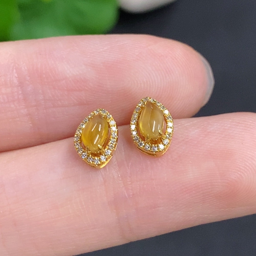 Jadeite Cabochon Stud Earrings 18k Gold Total Weight Approx. 1g Accented with Diamonds