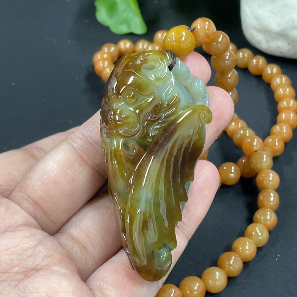 Jadeite Dragon Pendant + Bead Chain, approx. 7.4mm, total weight approx. 116.6g