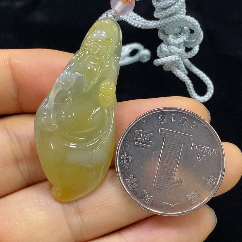 Jadeite God of Wealth Pendant Total Weight Approx. 10.94g (Including Rope Weight) Yellow Part Color Origin Undetermined