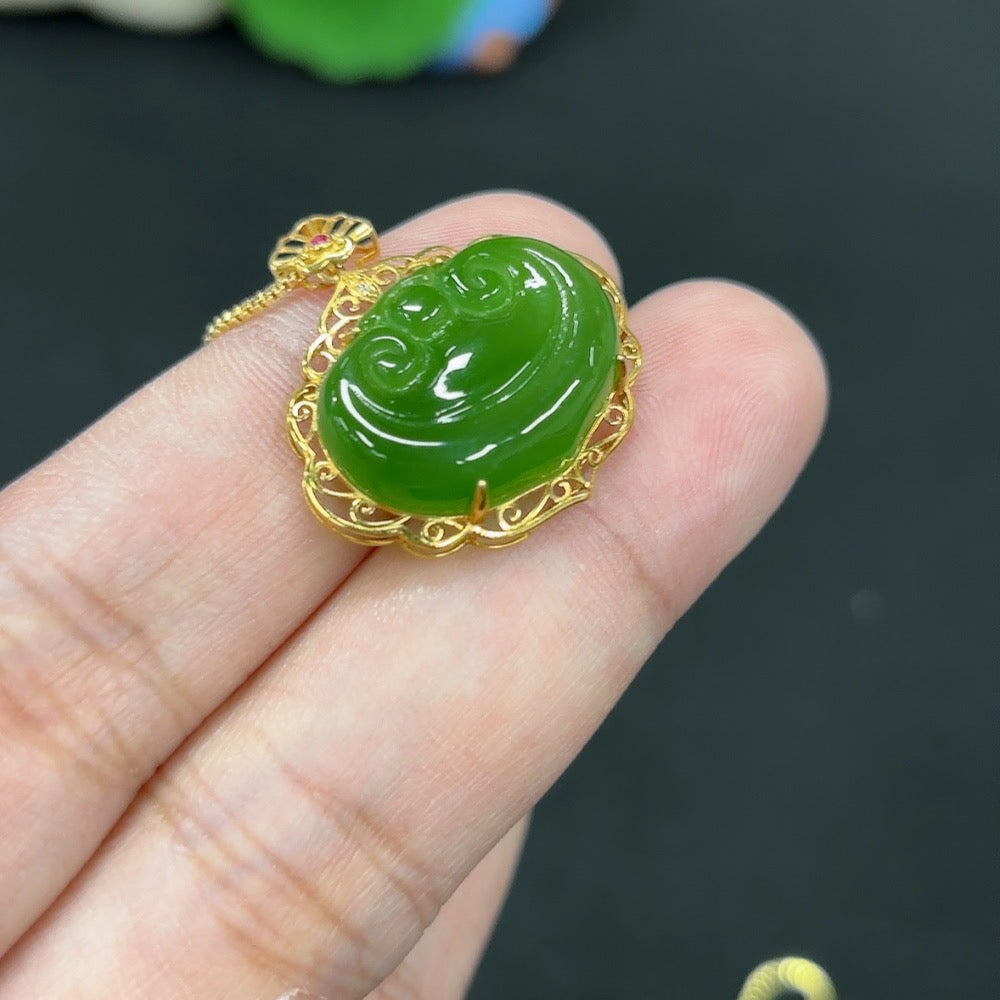 Hetian Jade Jasper inlaid Ruyi pendant necklace by HKHQ featuring intricate design and polished surface.
