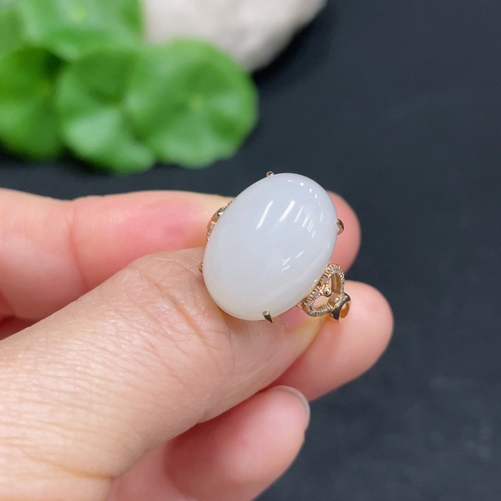 Hetian Jade Inlaid Ring with Diamond Accents, Size 14, 74% Gold Content, Total Weight Approx. 3.3g