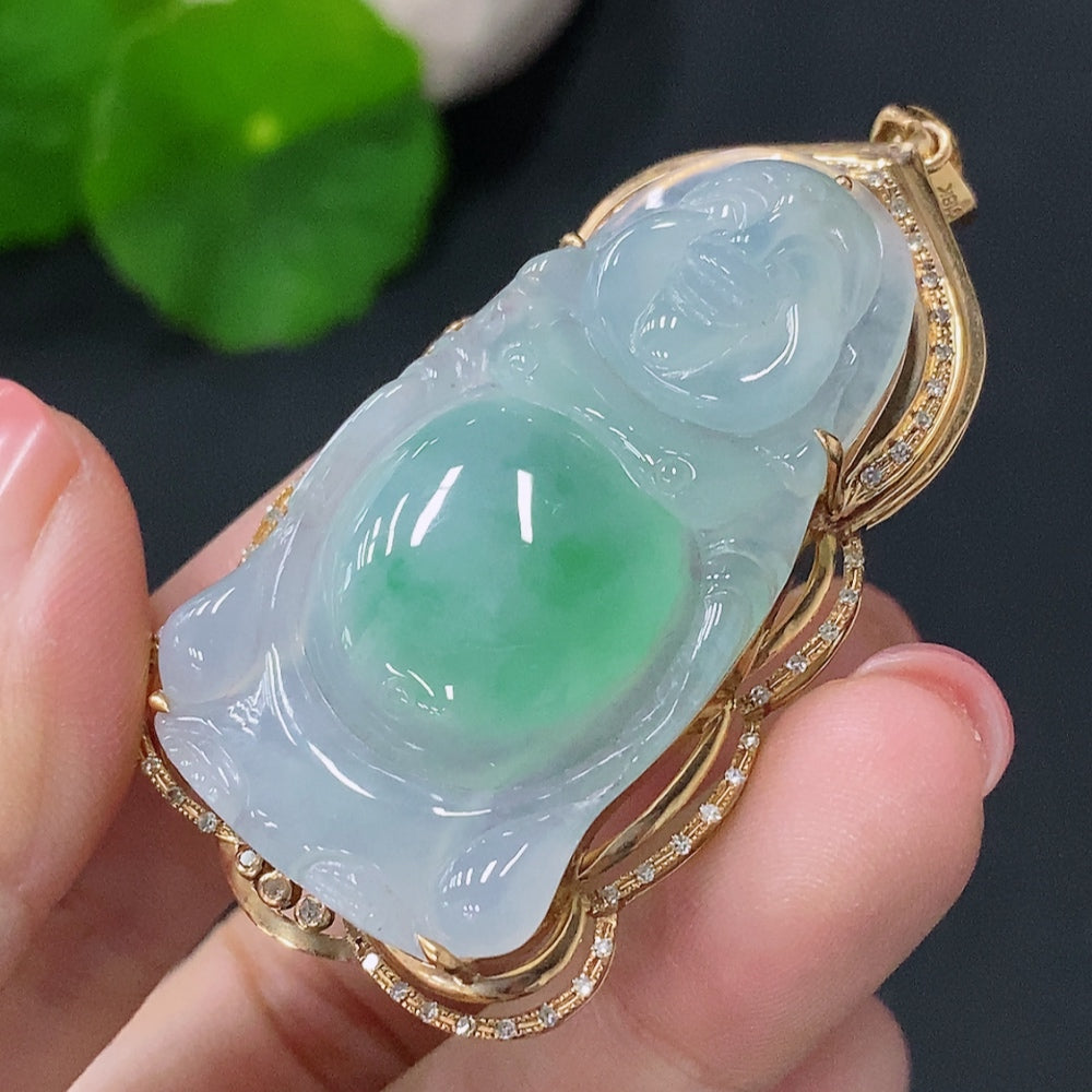 Jadeite Buddha Pendant with 18K Gold Setting, Total Weight Approx. 13.37g, Accented with Diamonds