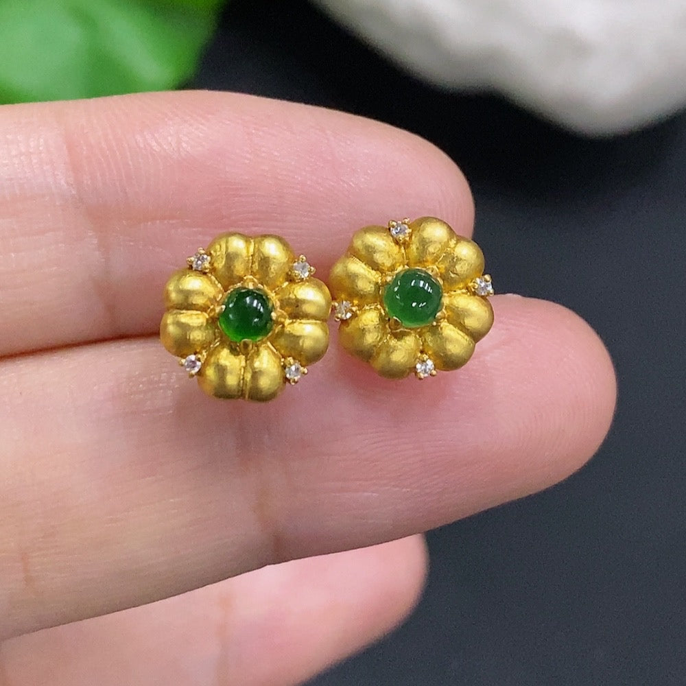 Jadeite Cabochon Stud Earrings 18k Gold Total Weight Approx.1.2g