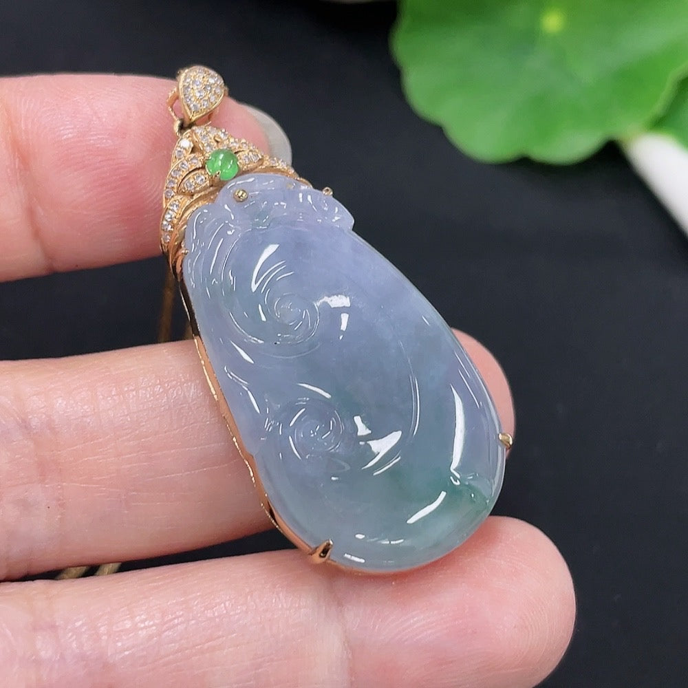 Jadeite Ruyi Inlaid Pendant 18K Gold Total Weight Approx. 9.4g (Including Chain Weight) (With Diamond Accents)