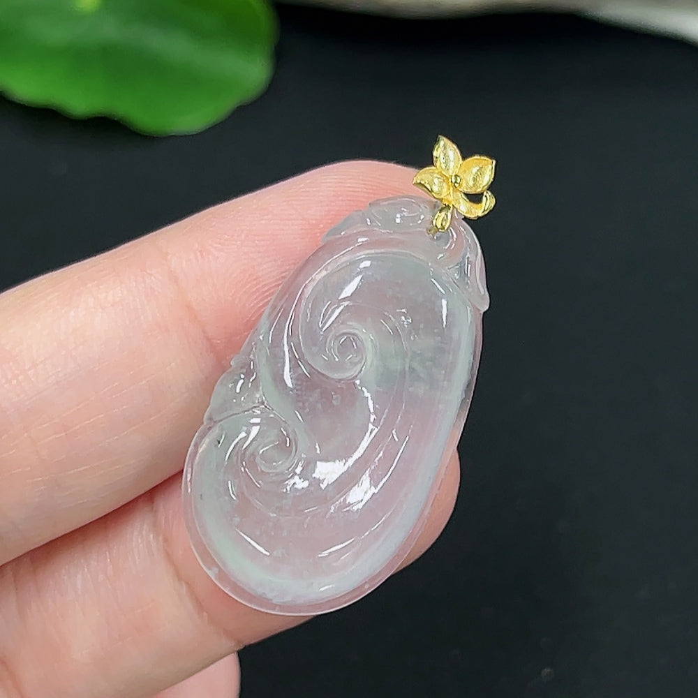 Jadeite Ruyi pendant with 18K gold setting, HKHQ necklace, showcasing intricate jade design and gold accents.