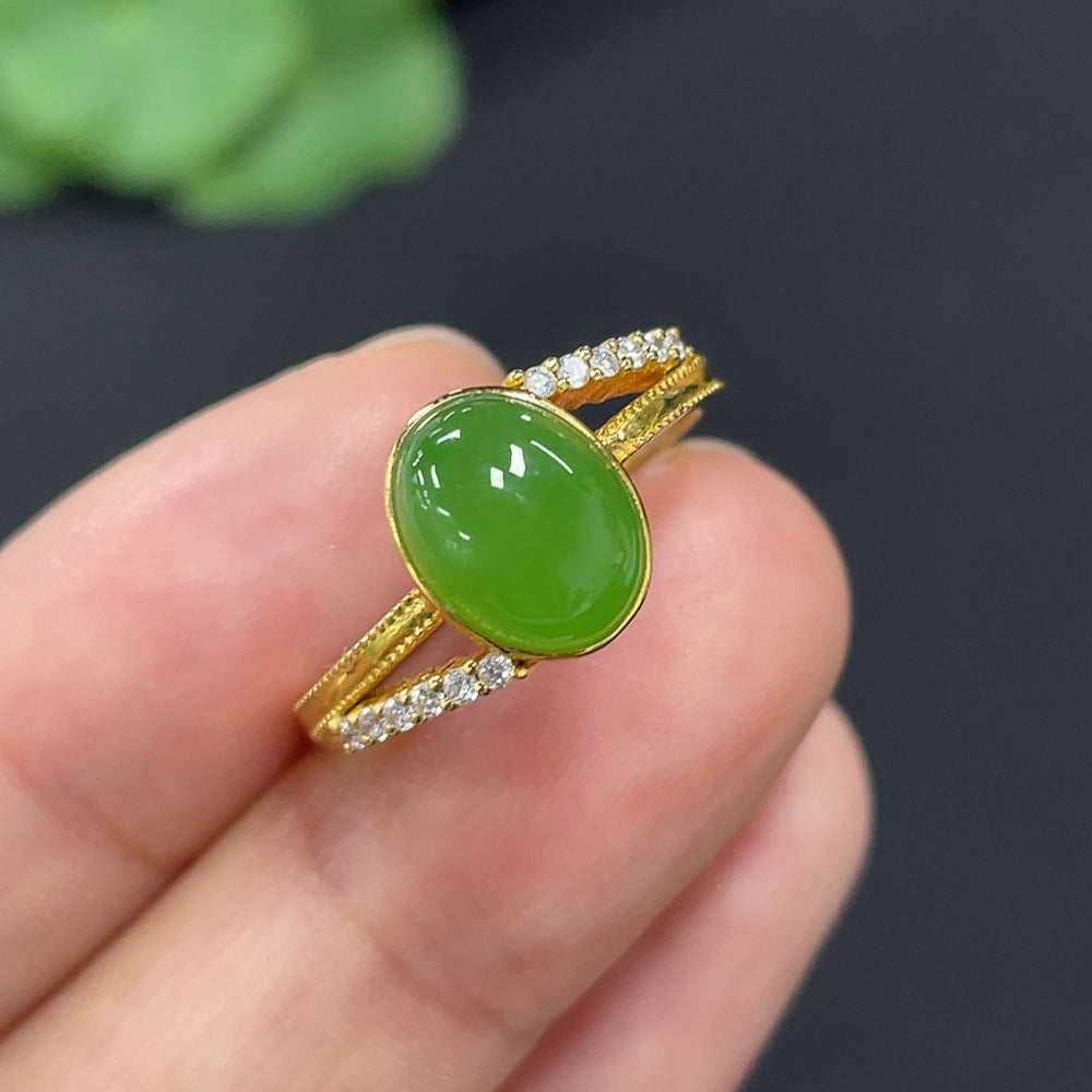 Hetian Jade Jasper cabochon ring with 18K gold and diamond accents, size 15, from HKHQ.
