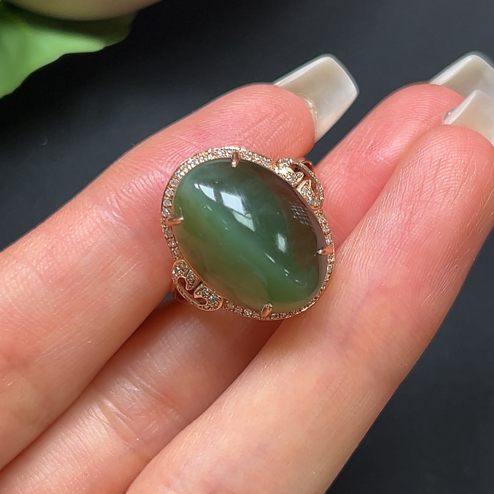 Hetian Jade Inlaid Ring 18K Gold with Diamond