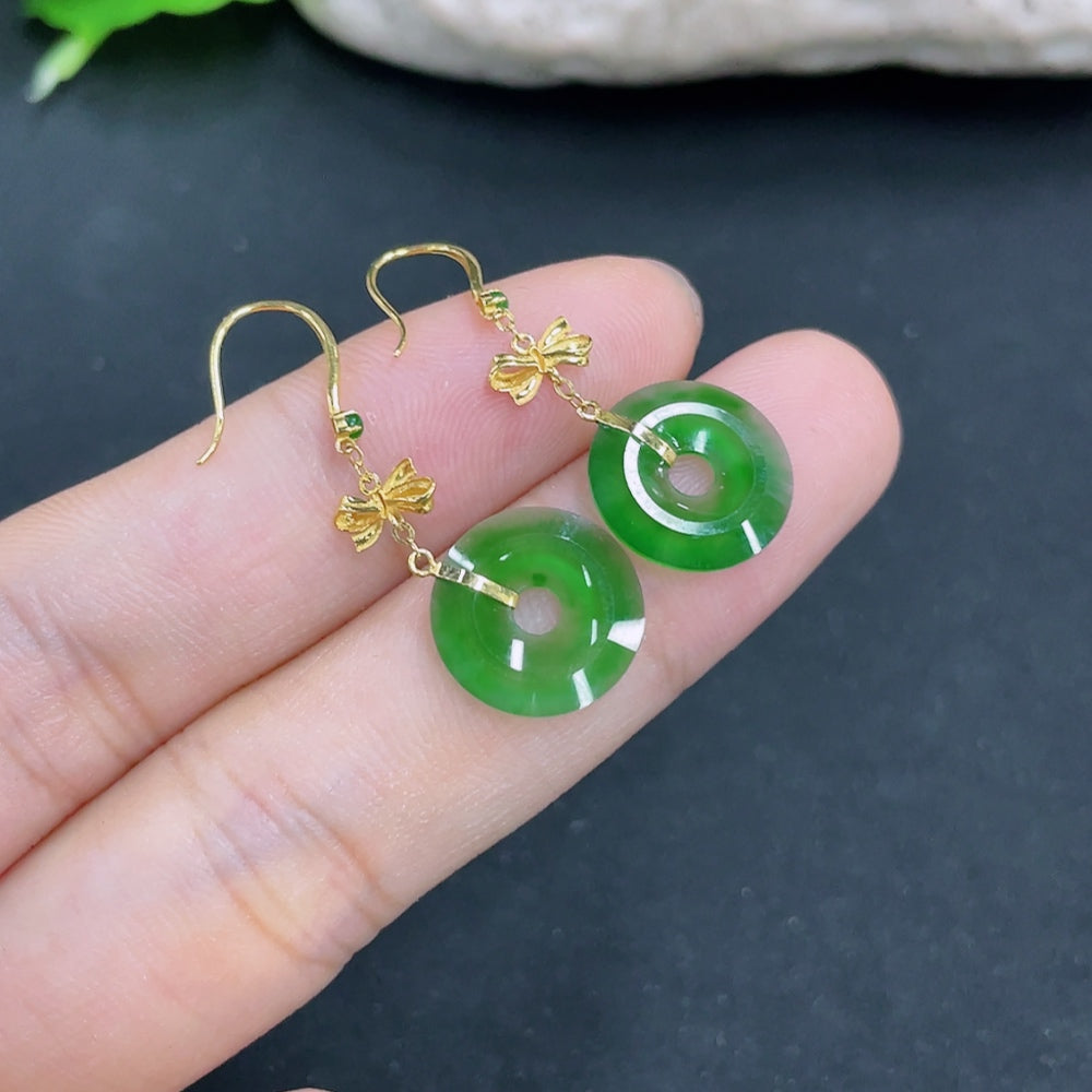 HKHQ Jadeite earrings with 18k gold, approximately 1.3g, featuring smooth, polished jade stones in a delicate jewelry design.