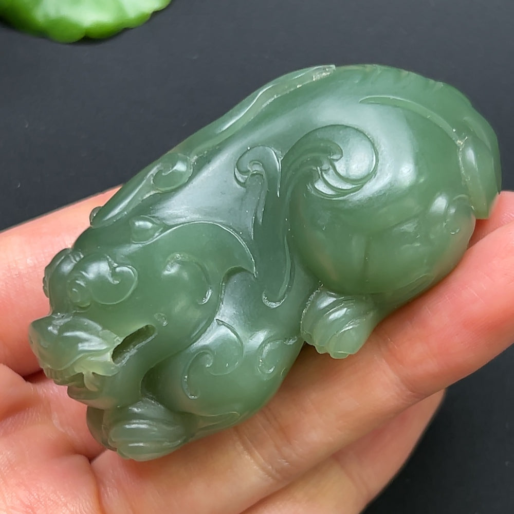 Hetian Jade Pixiu pendant necklace featuring a detailed green jade Pixiu charm, crafted by HKHQ for elegant jewelry.