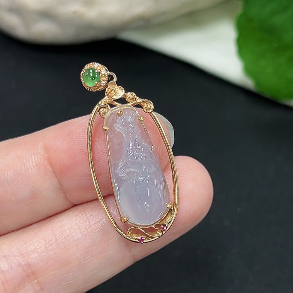 Jadeite pendant with 18K gold setting accented with diamonds, elegant necklace from HKHQ, showcasing the detailed jewelry design.