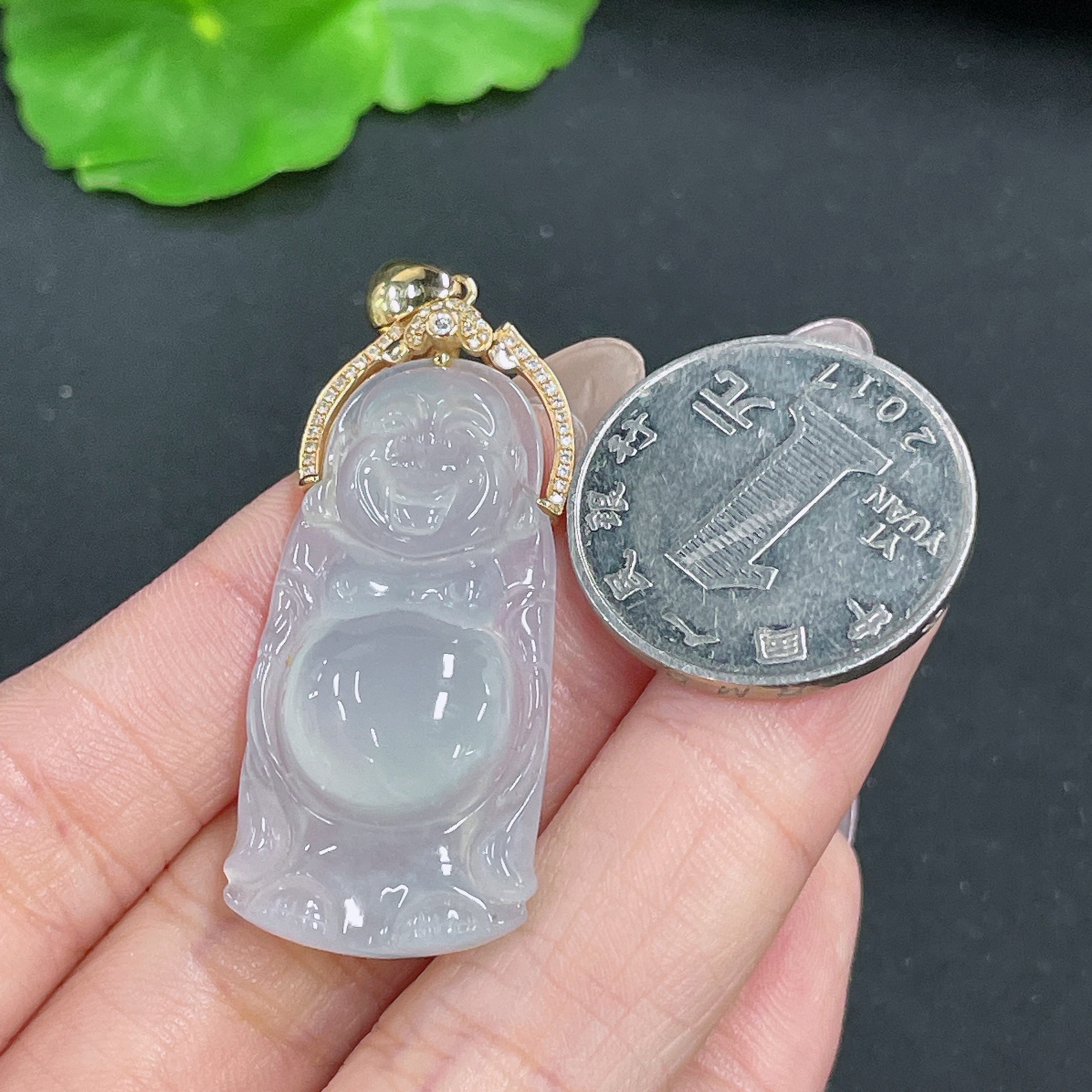 Jadeite Pendant Buddha 18K Gold Inlaid with Diamonds Total Weight Approx. 8.88g