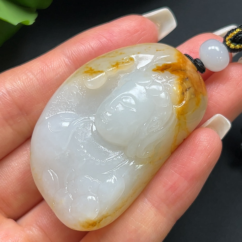 Hetian Jade Guanyin Pendant, color origin undetermined, including rope