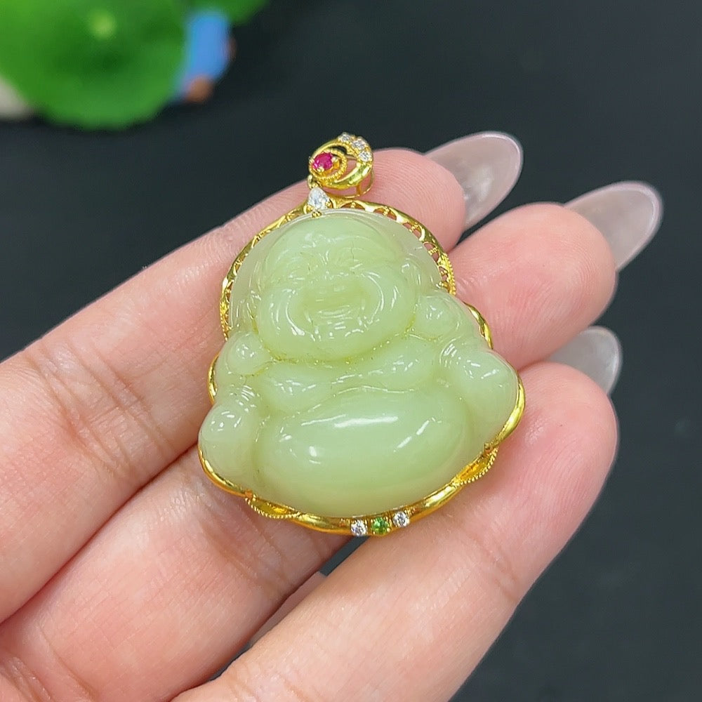 Hetian jade inlaid pendant featuring a Buddha design, weighing approximately 16g, with 18k gold setting, by HKHQ.