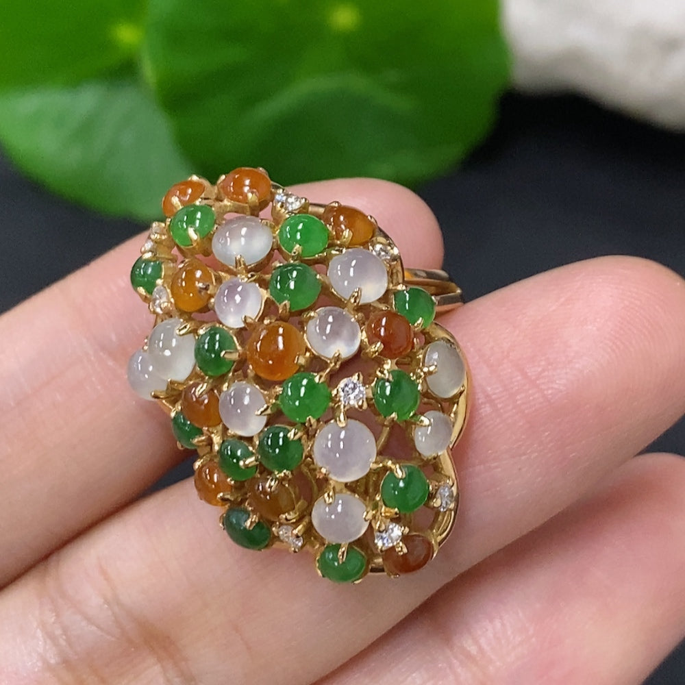 HKHQ jadeite cabochon ring with diamond inlays, 18K gold band, size 17, showcasing intricate craftsmanship and elegant design.