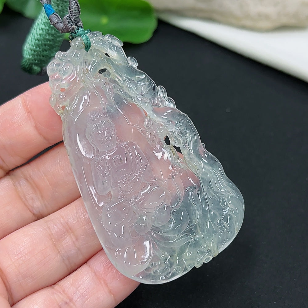 Jadeite pendant featuring Guanyin figure with cord, weighing approximately 27.4g, crafted by HKHQ