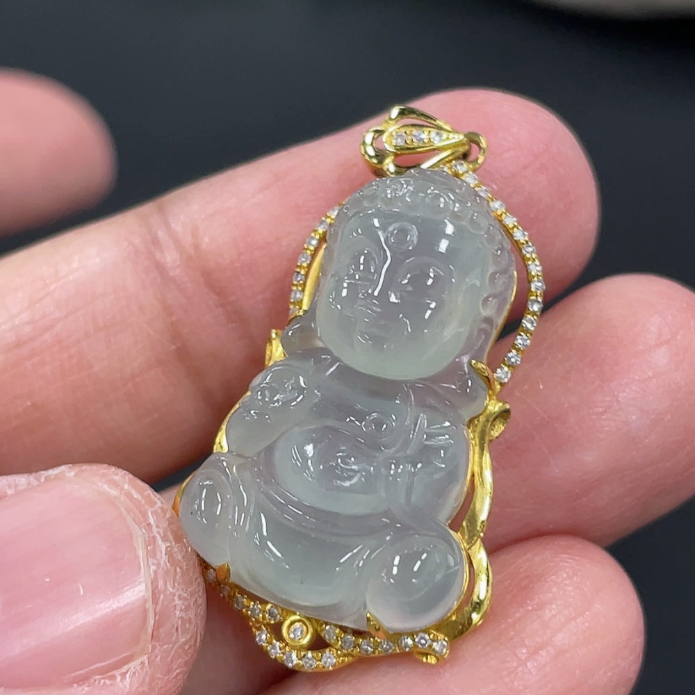 Jadeite Baby Buddha Pendant with 18K Gold and Diamond Accents