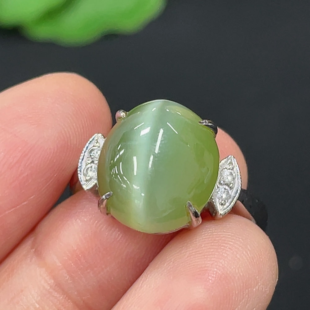 Hetian Jade Jasper Cabochon Inlaid Ring, 27% Gold Content, Accented with Diamonds