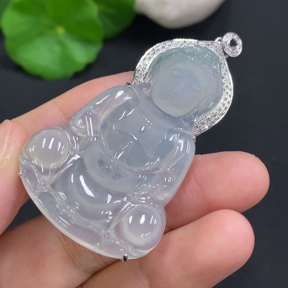 Jadeite Guanyin Inlaid Pendant 18K Gold Total Weight Approx.13.9g (Diamond Accents)