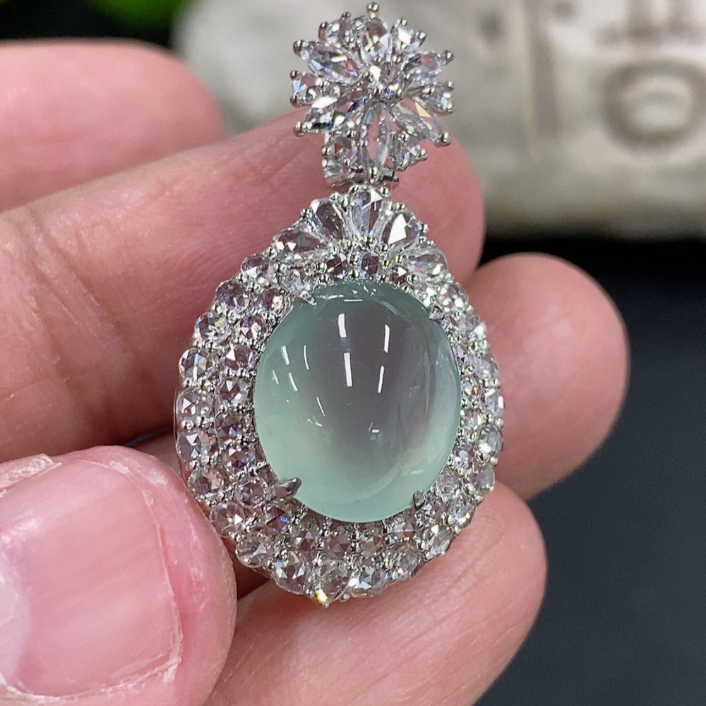 Jadeite Cabochon Pendant Set in 18K Gold with Diamond Accents