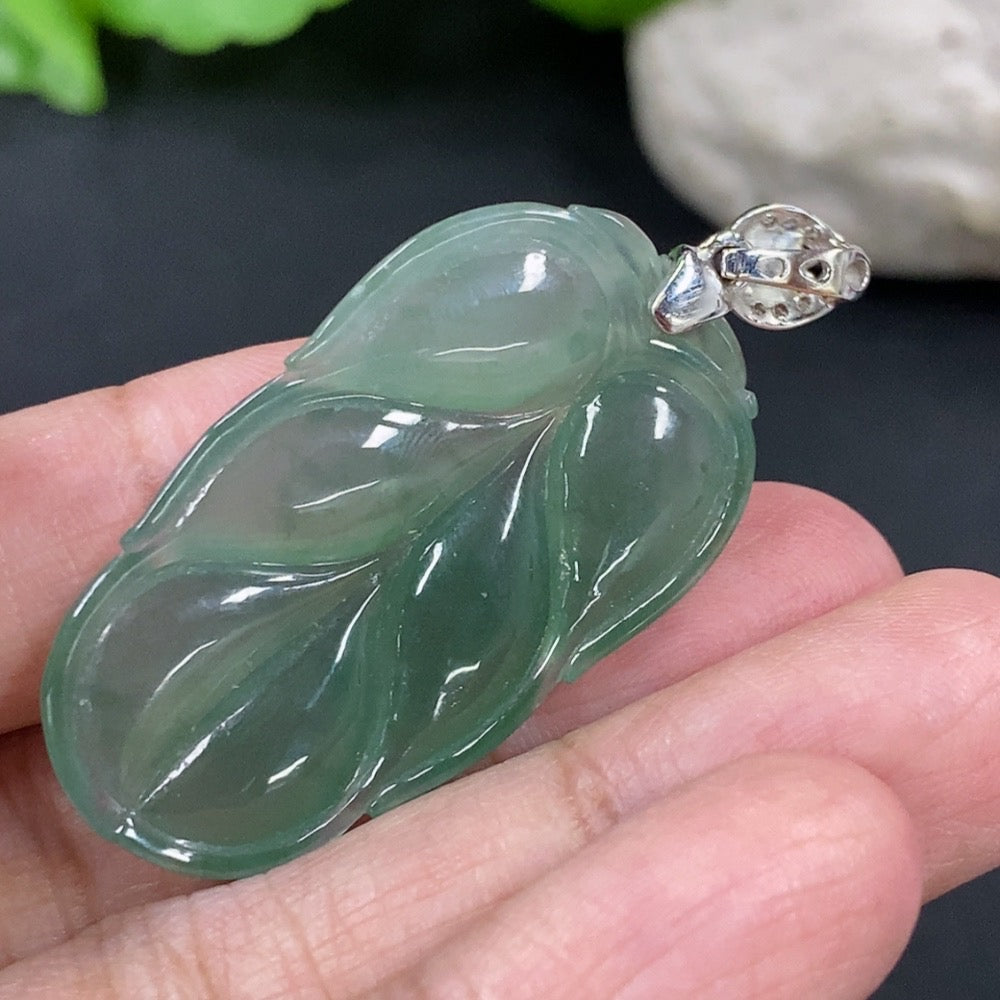 Jadeite Pendant Leaf with 18K Gold and Diamond Accents, Total Weight Approx. 8.2g