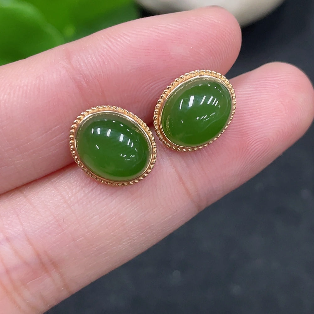 Hetian Jade Cabochon Earrings with 18k Gold Setting, Total Weight Approx. 2g