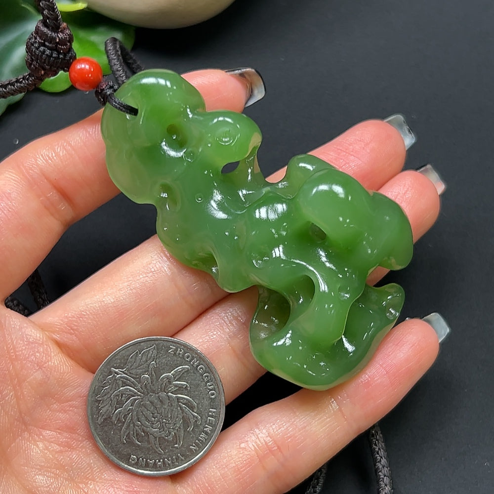 HKHQ Hetian Jade and coral stone pendant necklace with rope, approximately 48.17g, featuring elegant natural stone craftsmanship.